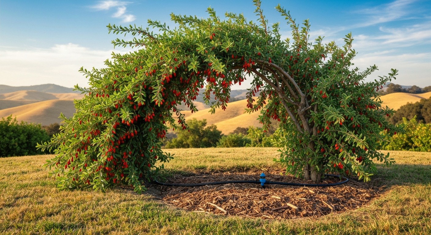 Mature goji berry shrub heavy with red fruit in a sunny Californian garden with drip irrigation and golden hills in the background.