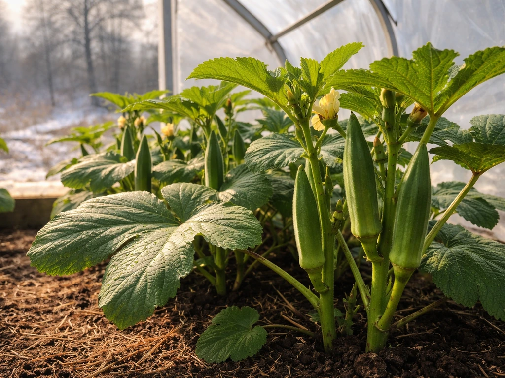 Sunlit okra plants growing in a greenhouse garden bed with cool gray-blue sky contrast behind.