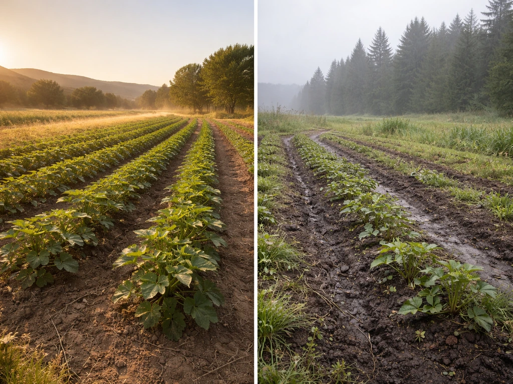 Split view of Eastern vs Western Washington farms: warm okra beds in the east, cooler soil rows in the west.