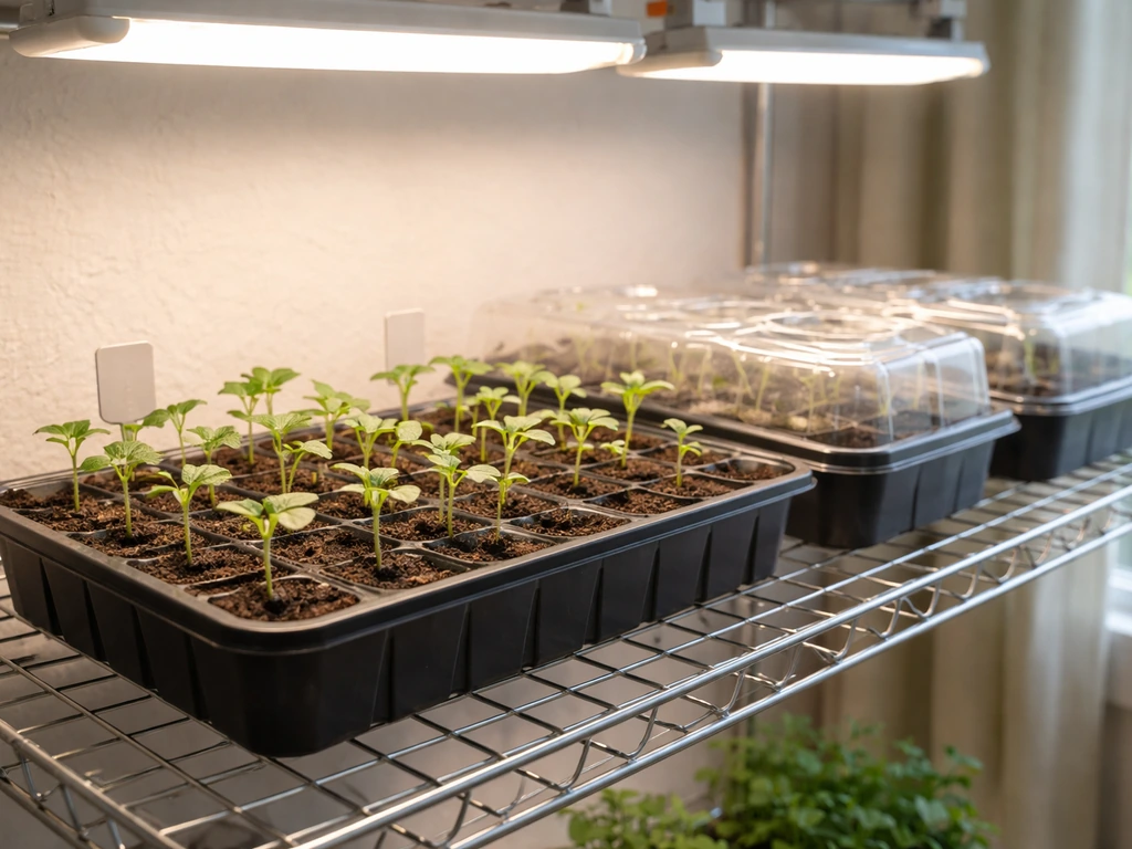 Indoor okra seedlings in trays under grow lights on a shelf near a window.