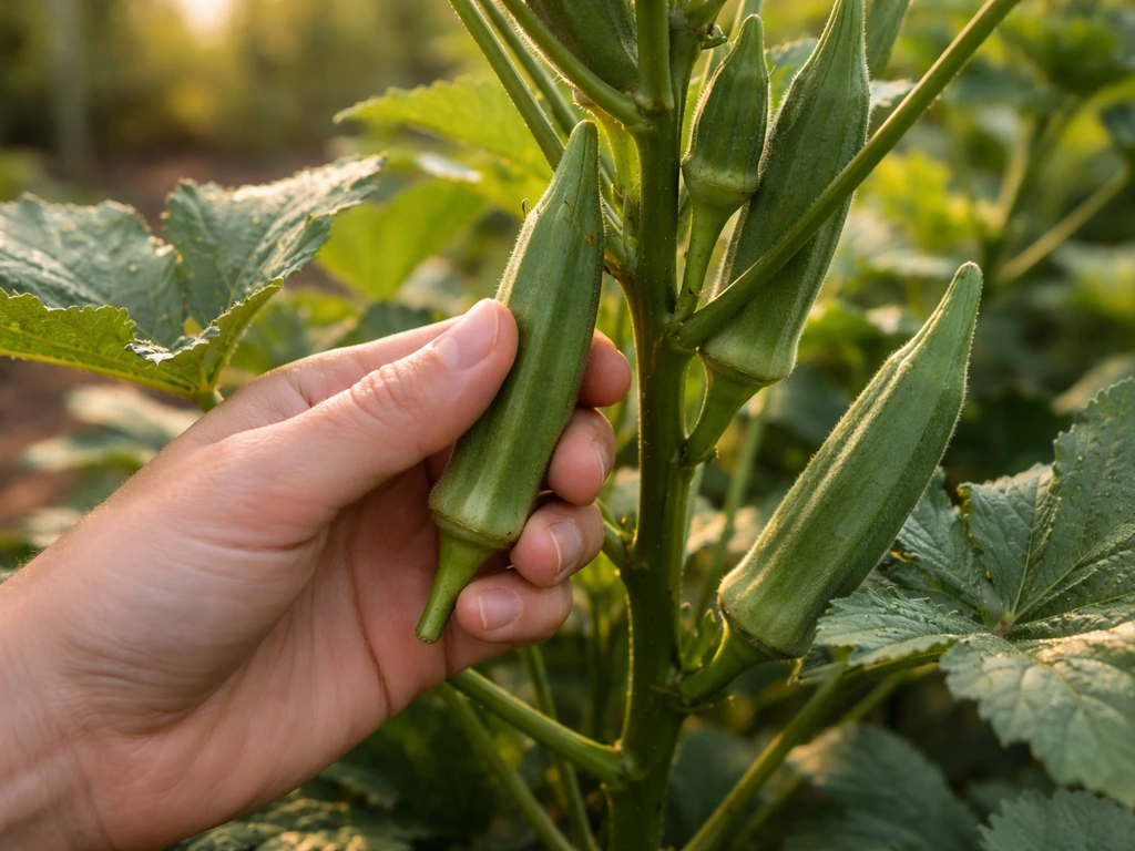 Hand picking fresh okra pods from a thriving okra plant in a Washington garden.