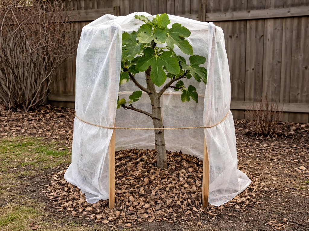 Cold-protected hardy fig plant in a Minnesota backyard with mulch and visible fruit potential