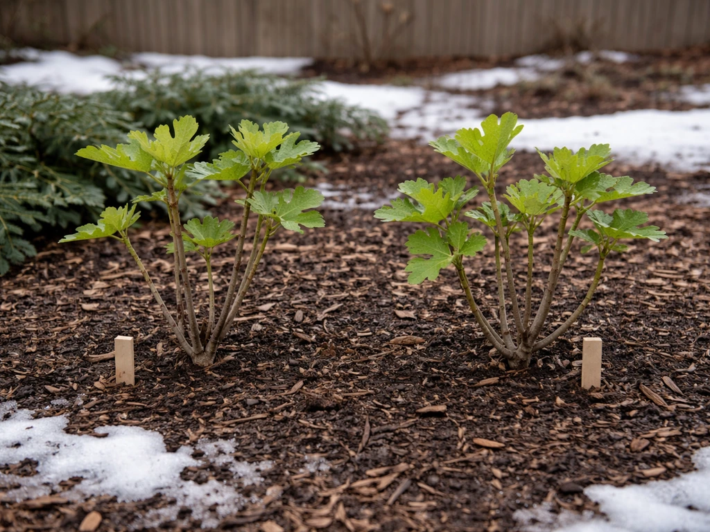 Cold-hardy fig plants side-by-side in a Minnesota garden with mulch and snow-dusted ground.