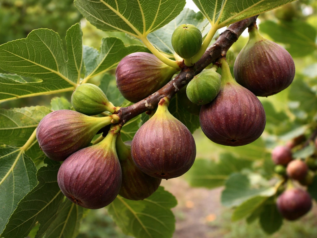 Brown Turkey fig branch with ripe brown figs and smaller developing fruits on the plant.