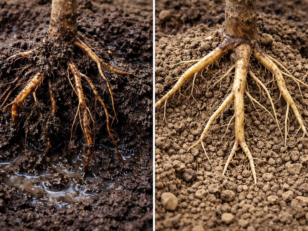Close-up comparison of fig roots in damp poorly drained soil versus healthy roots in crumbly dry soil