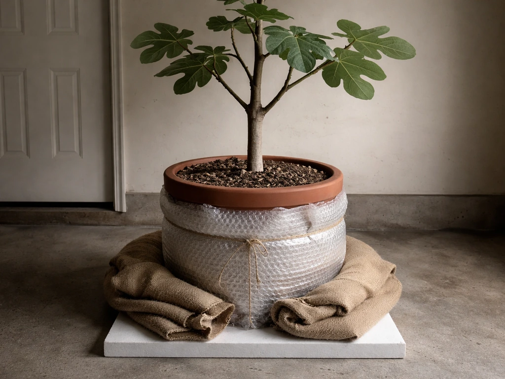 A potted fig tree indoors in a utility space, wrapped with burlap and bubble insulation for overwintering.