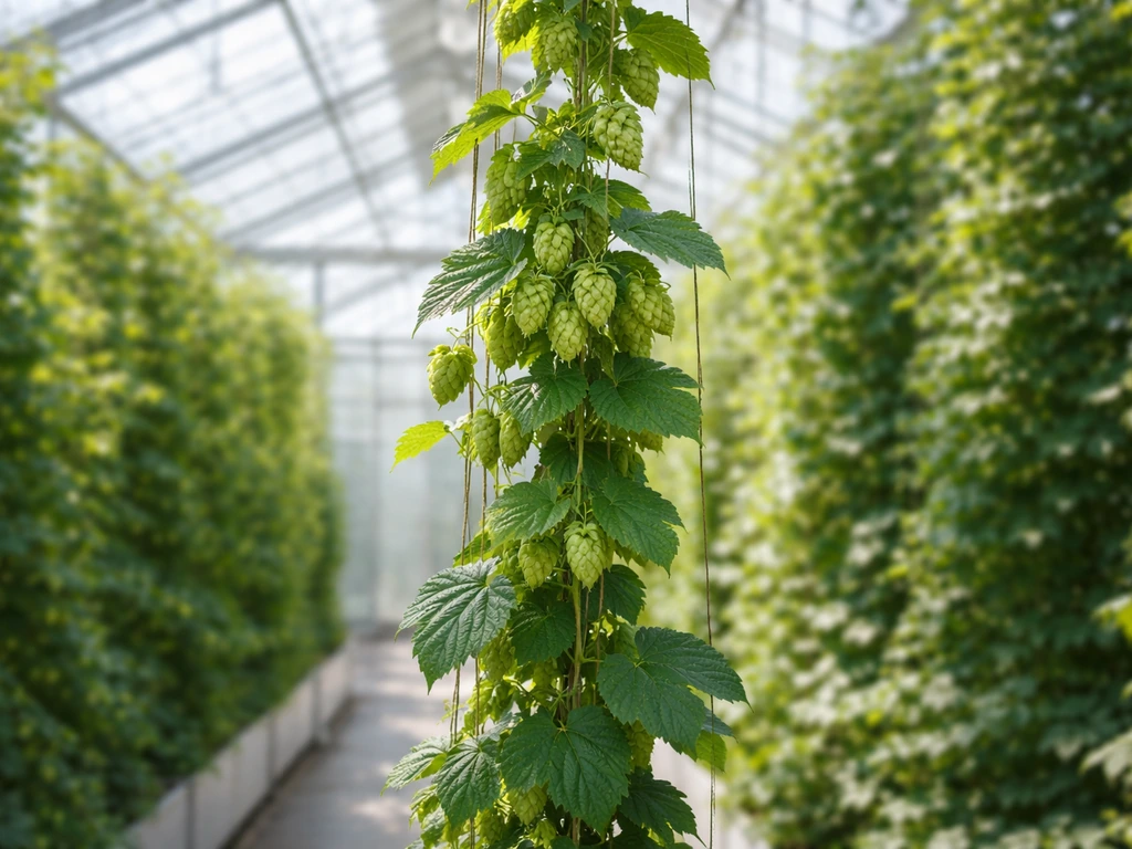 Hop bines trained on a tall trellis inside a bright greenhouse with cone clusters in the upper canopy.