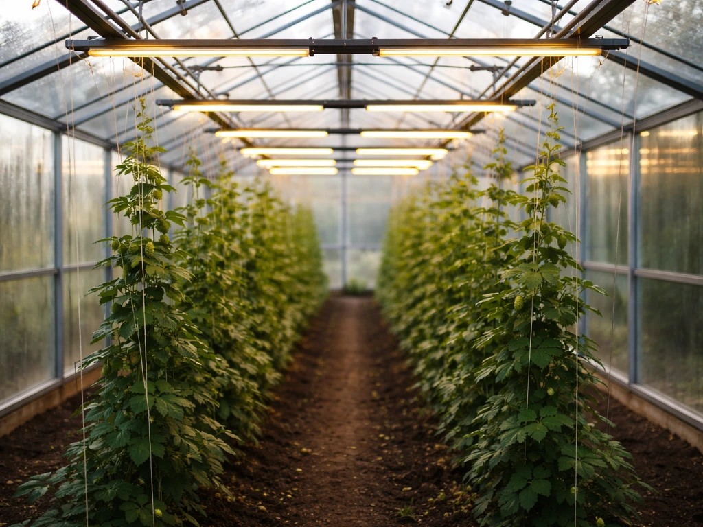 Greenhouse interior with hop vines and subtle extended lighting above the plants