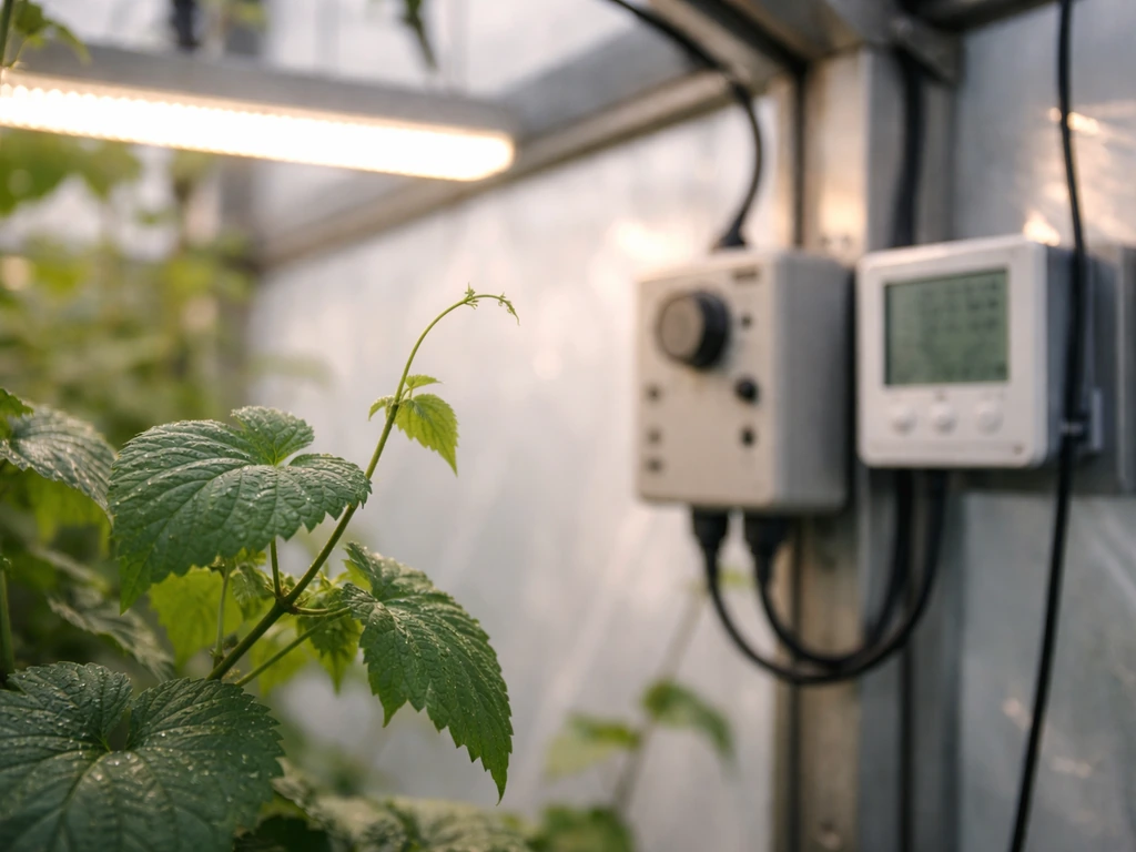 Close-up of greenhouse LED grow light controller and digital thermometer-hygrometer beside hop foliage