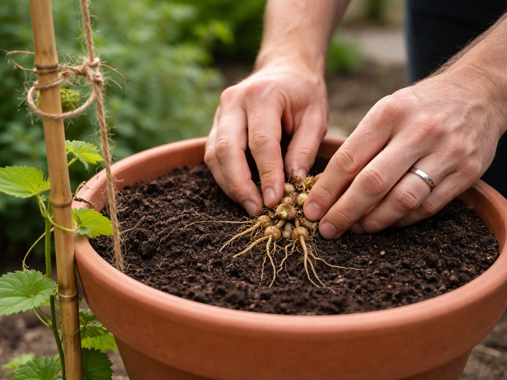 Hands placing hop rhizome in a deep pot beside a vertical trellis anchor with twine.