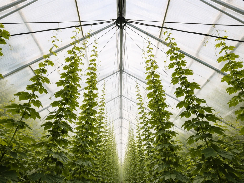 Green hop bines climbing to a high overhead cable in a greenhouse trellis system.