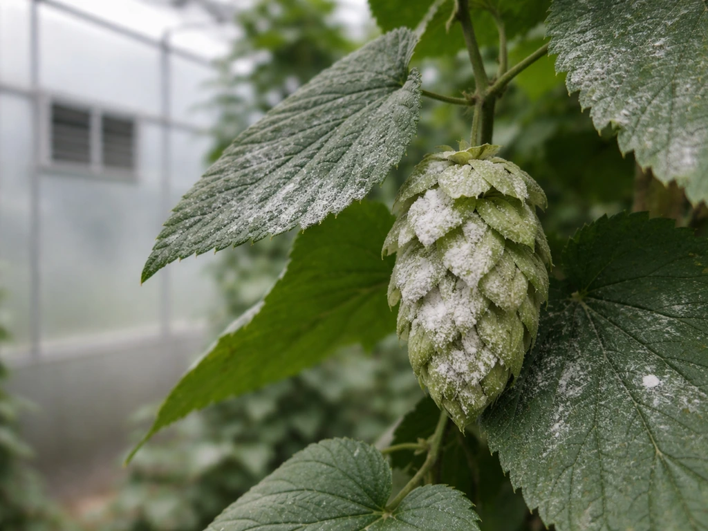 Close-up of hop leaves and a cone with white powdery mildew in a greenhouse near ventilation openings.