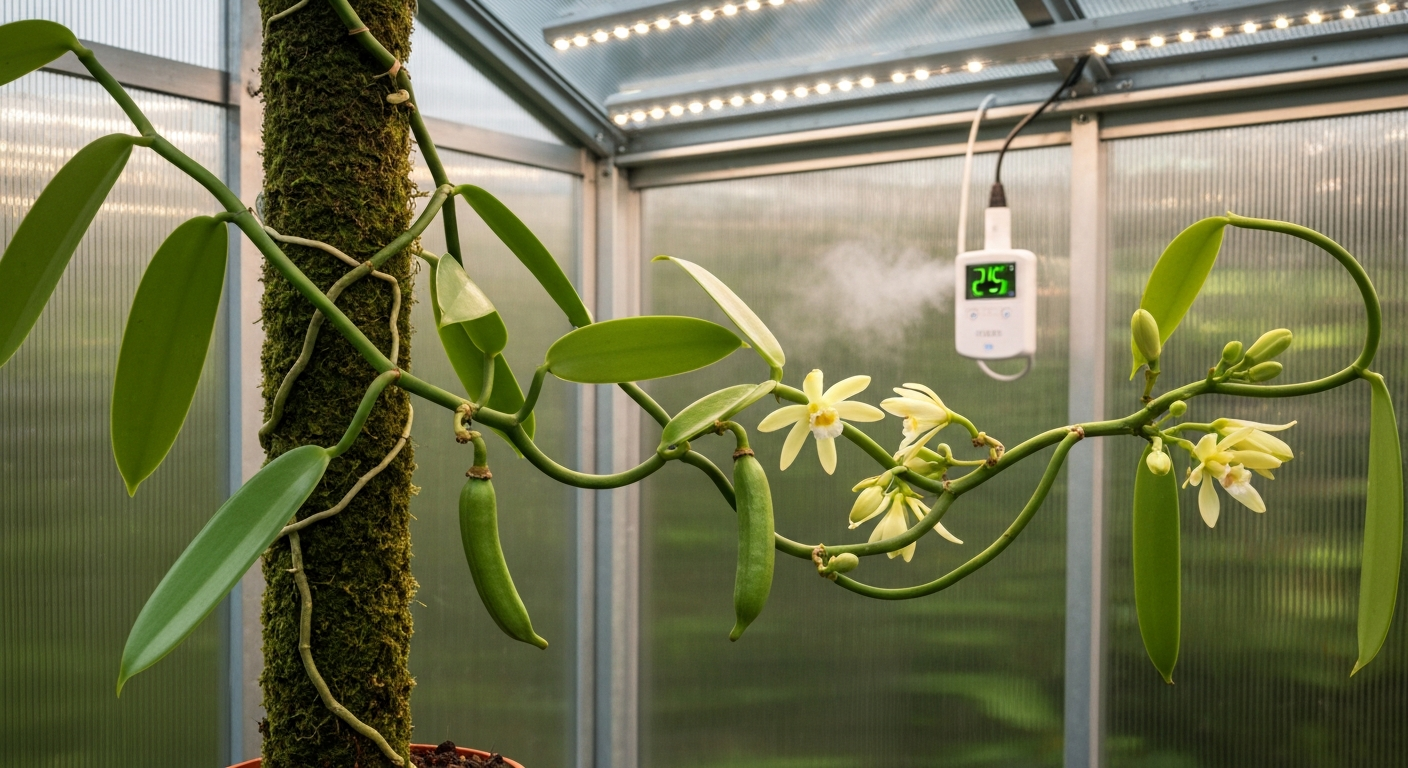 Greenhouse interior with Vanilla planifolia vine on a moss pole, flowers and developing pods, LED lights, fogger and digital thermometer visible.
