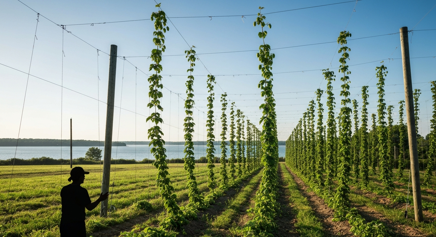 Panoramic photo of a Michigan hop farm near Lake Michigan showing tall trellises, green hop bines and cones under a blue sky with the lake visible in the background.