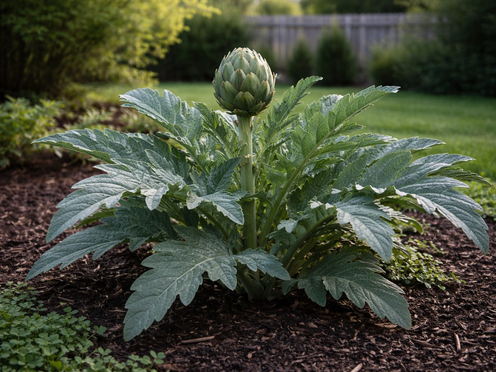 Gray-green artichoke plant with a developing bud in a tidy Ontario garden bed.