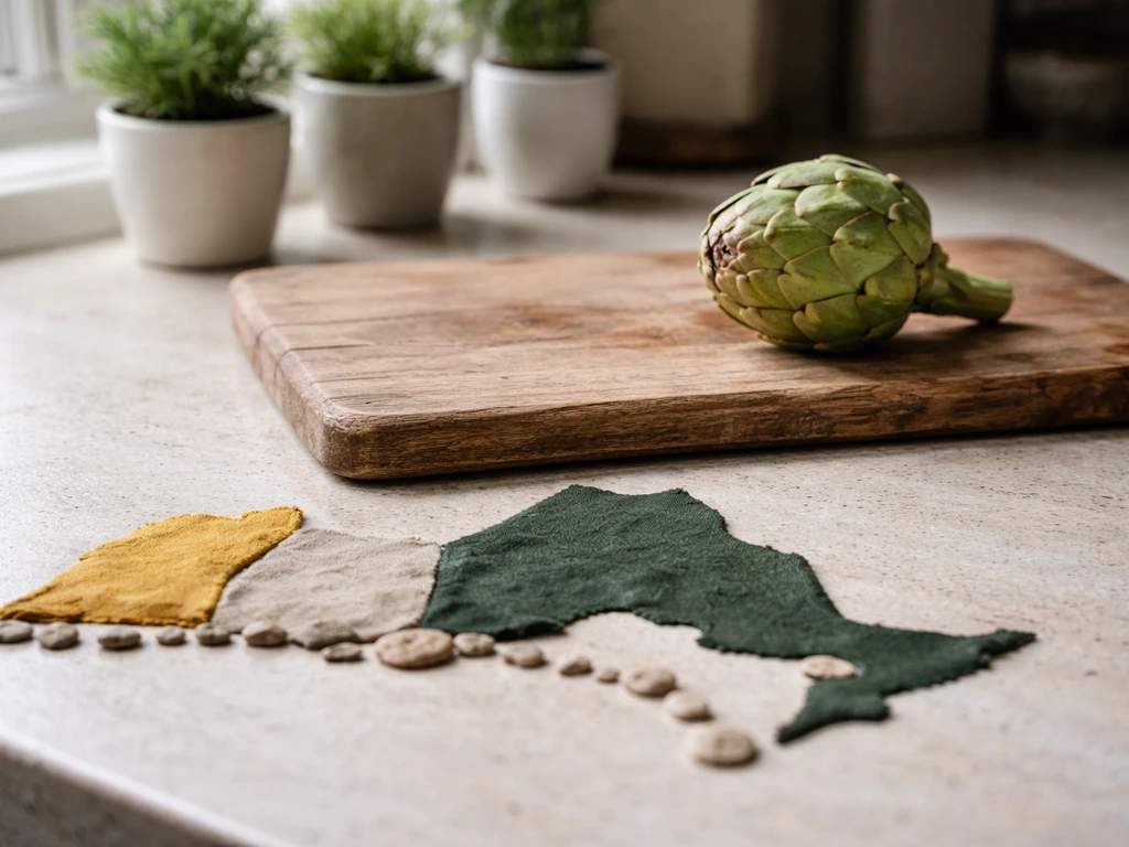 Fresh globe artichoke on a kitchen counter with a rough Ontario-shaped highlighted area using colored stones.