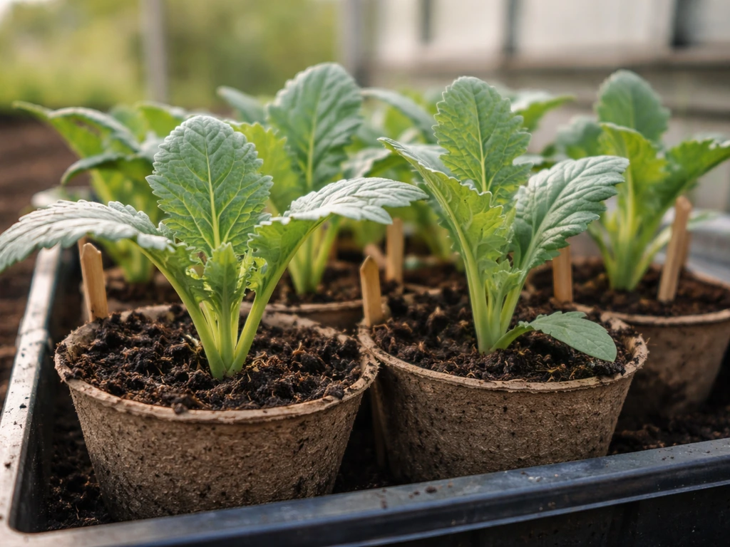 Close-up of healthy artichoke seedlings in biodegradable pots on a seed-starting tray, greenhouse light.