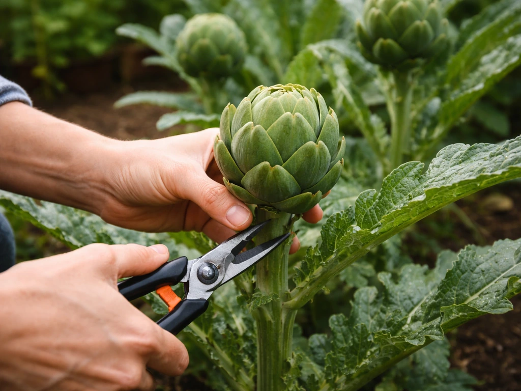 Gardener snipping a fresh artichoke bud from the central stalk, with a few mature buds nearby