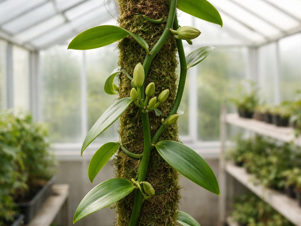 Mature vanilla vine on a moss pole inside a bright Oregon greenhouse, with emerging flower buds.