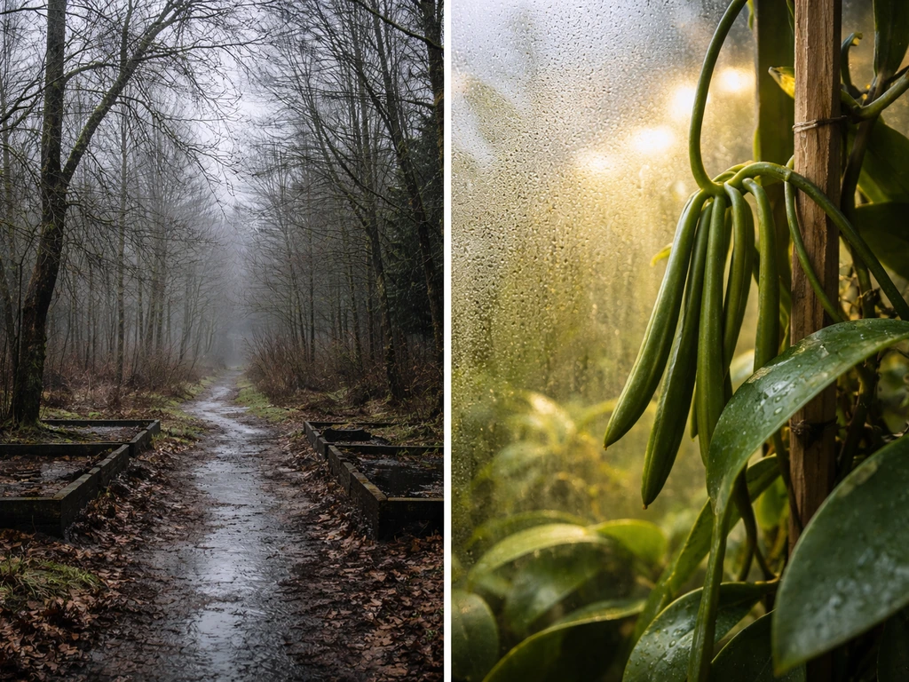Split scene: Oregon-like overcast rain outdoors vs a warm, humid greenhouse-like indoor setup for vanilla