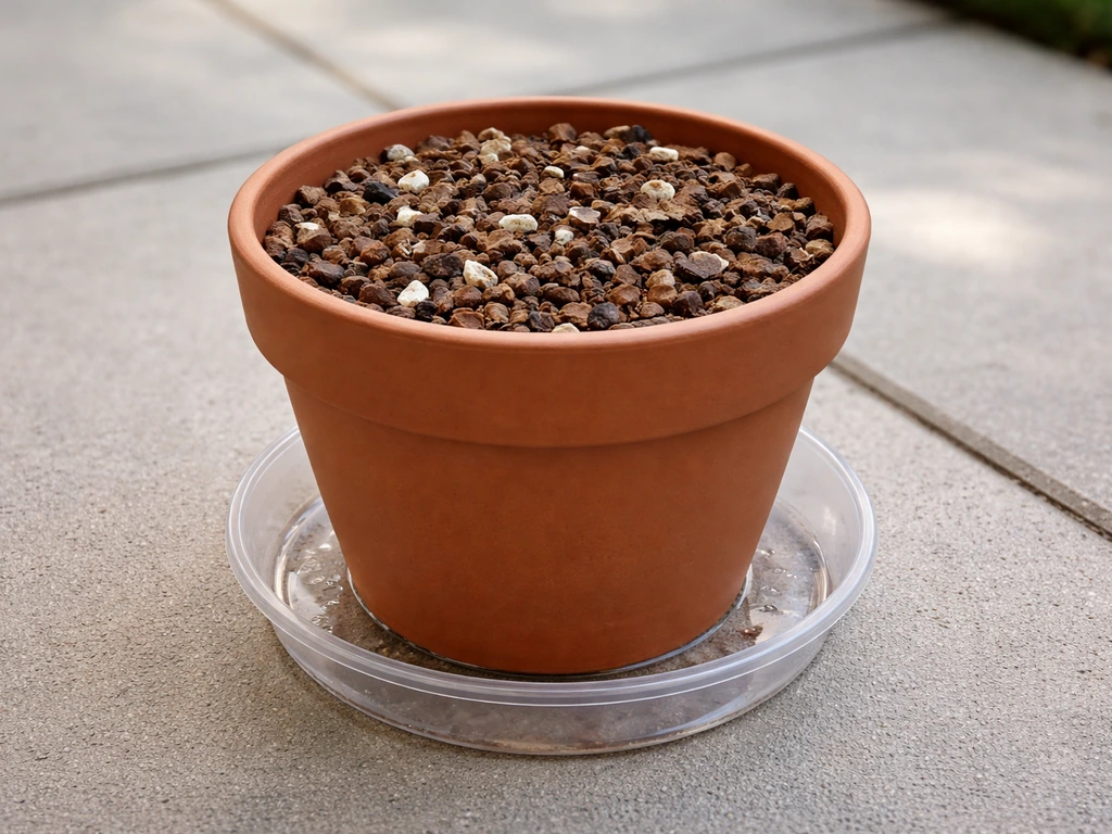 Terracotta pot on a saucer with airy orchid-style potting mix and a visible drainage layer setup.