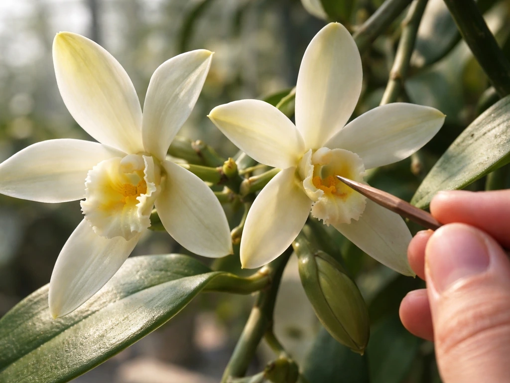 Close-up of orchid vanilla flowers with fingers transferring pollen using a small tool