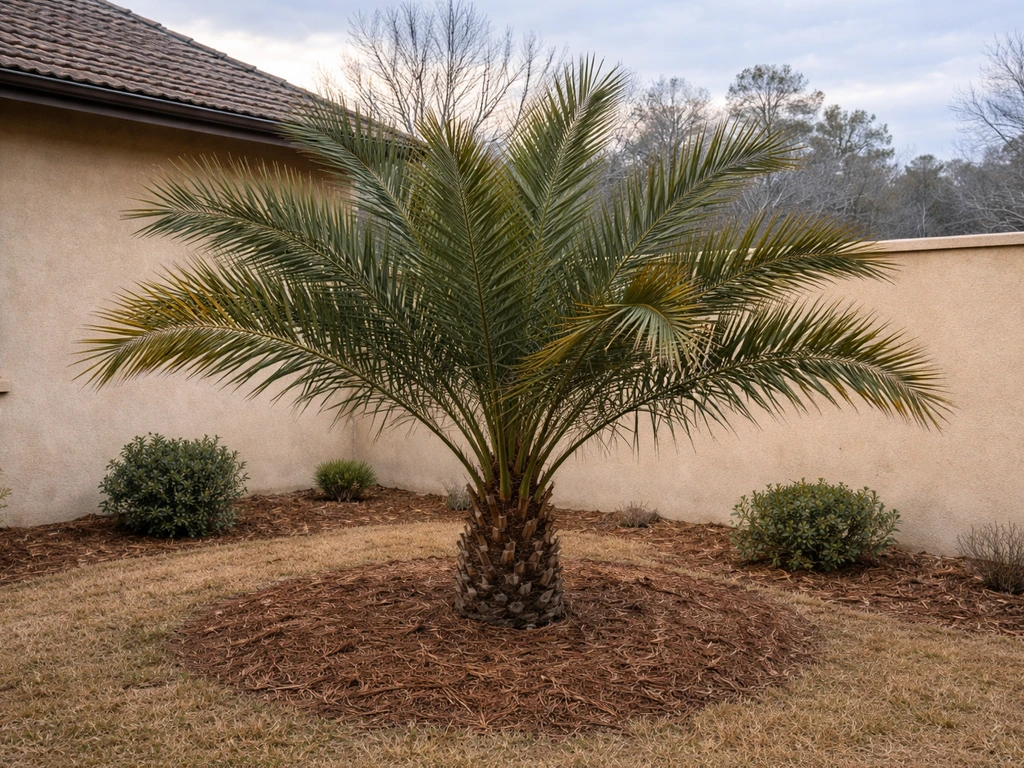 Date palm in a warm southern Alabama-style yard, with winter chill implied by bare branches and cool shadows
