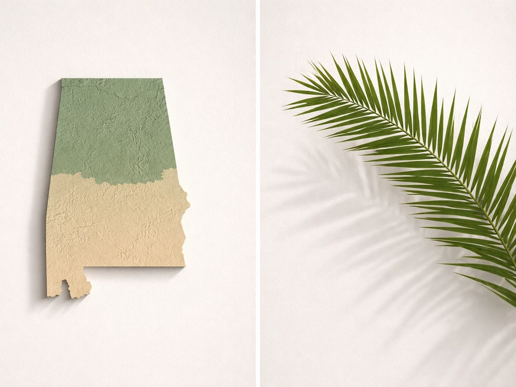 Minimal split scene: a muted Alabama hardiness-style map area beside a realistic date palm silhouette.