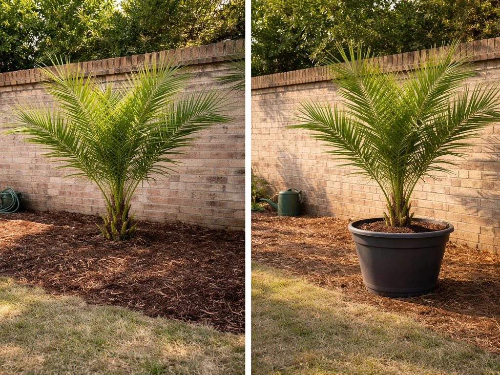 Split-style home garden photo showing an in-ground date palm bed and a container palm in a sheltered spot.