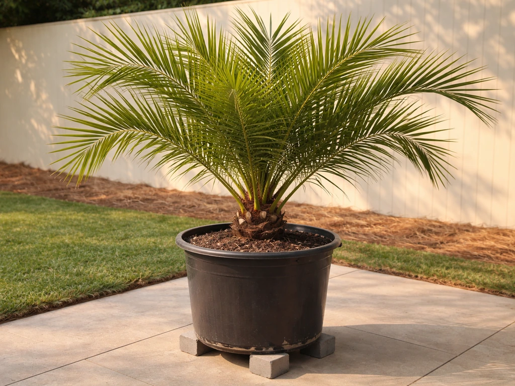 Large date palm in a 30+ gallon container with proper drainage and sun-reflecting fence behind it