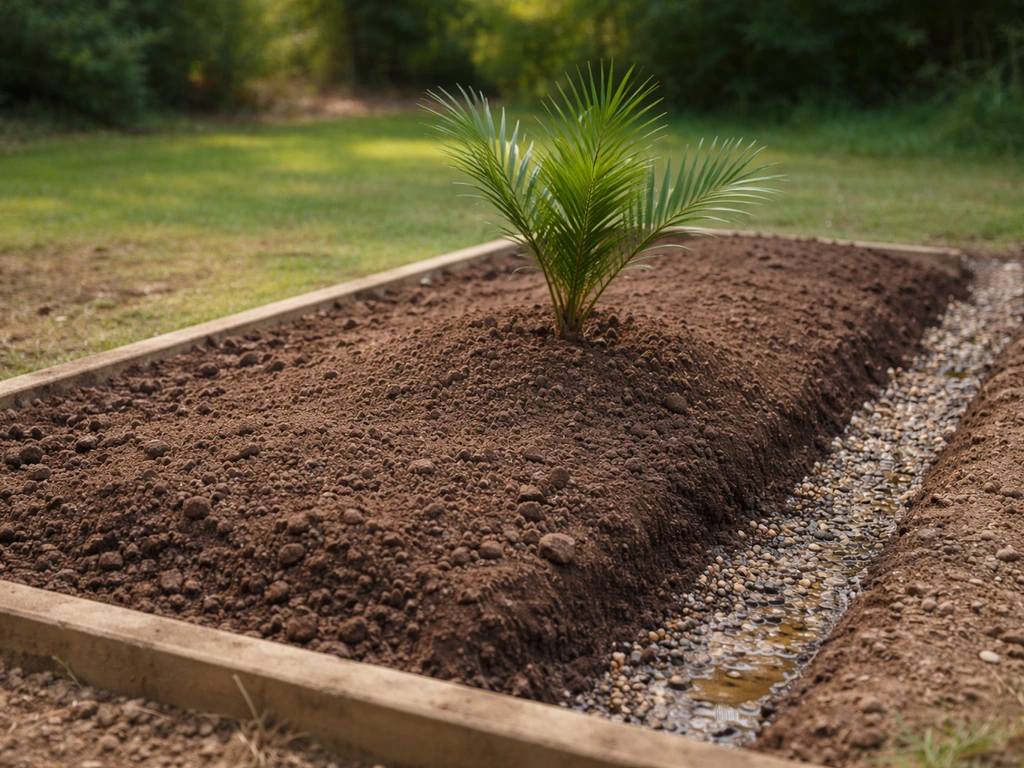 Raised soil bed with young palm on a mound and a small drainage channel beside it.