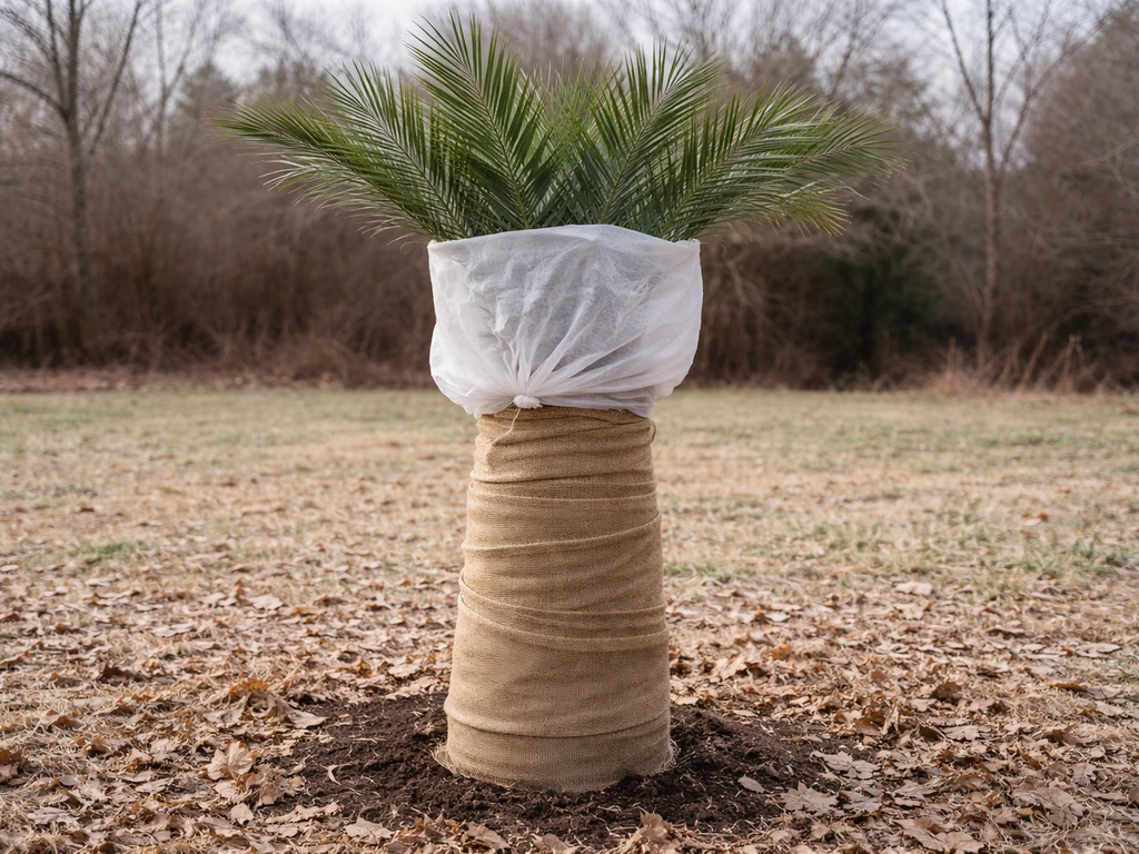 Winter burlap and frost cloth wrapped around an in-ground date palm trunk, protecting the crown area