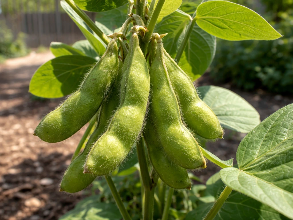 Fresh green edamame pods growing on a plant in a sunlit backyard garden.