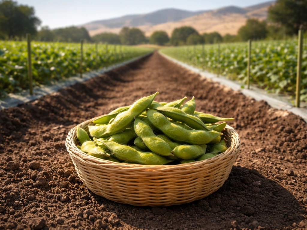 Minimal scene of fresh edamame pods in a sunny California farm field with distant hills