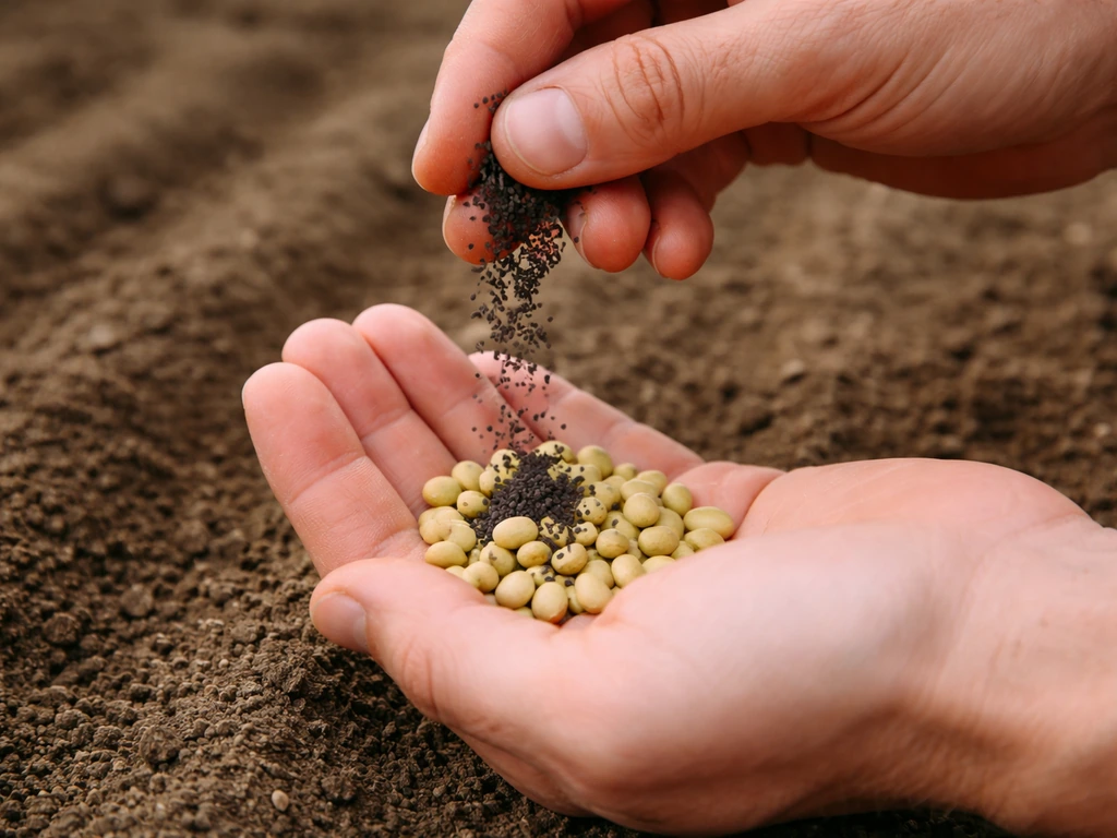 Hands sprinkling inoculant onto edamame/soybean seeds over soil in a simple garden bed