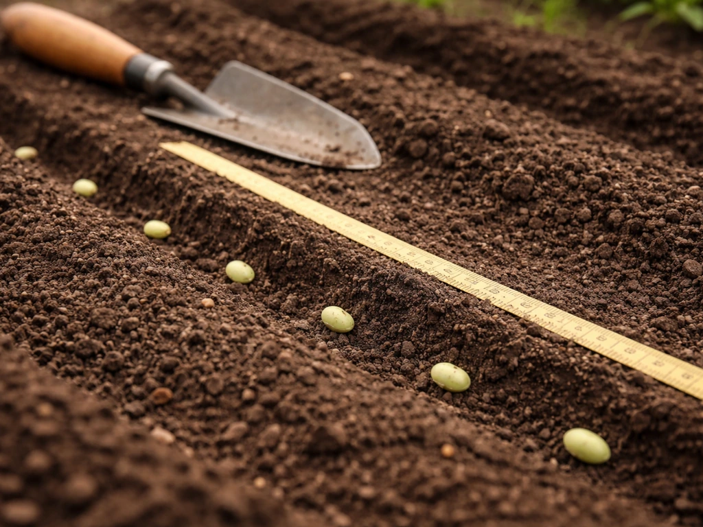 Edamame seeds in shallow furrows with measuring tape showing correct spacing and depth in soil.
