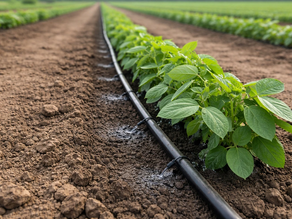 Close-up of an edamame bed with a drip irrigation line and emitters aligned to the row.