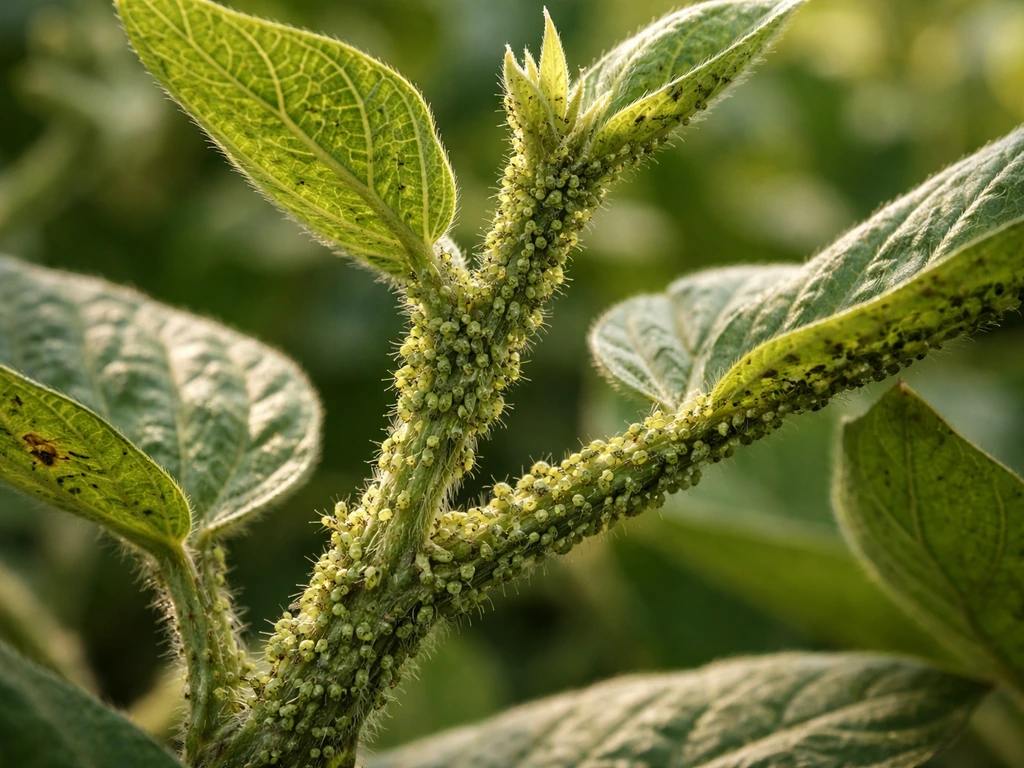 Close-up of edamame leaves showing aphid clusters on new growth beneath leaf edges.