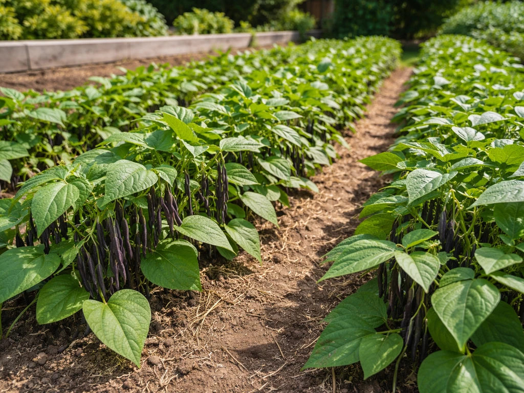Warm-season black bean plants with pods growing in a simple Canadian backyard garden.