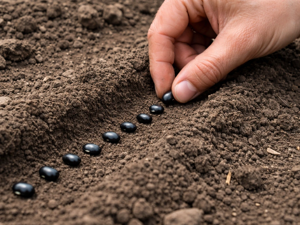 Hand sowing black bean seeds in a shallow row of soil with proper depth and spacing outdoors.