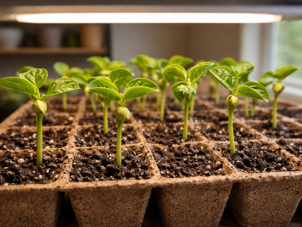 Black bean seedlings in small peat/coir cell trays under grow lights indoors in a simple, minimal setup.