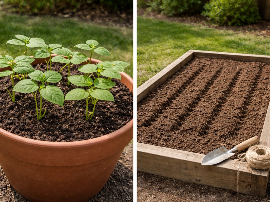 Side-by-side containers and in-ground bed showing black bean spacing and planting setup.
