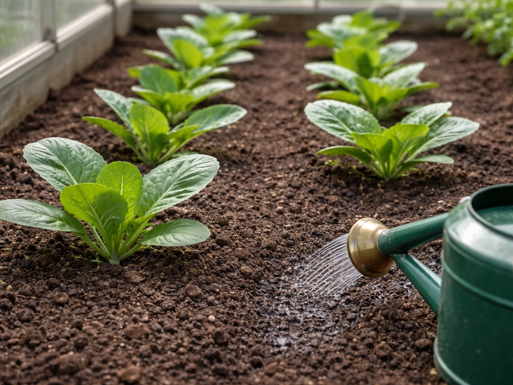 Spaced garden plants with dry leaves, watering aimed at soil to prevent humid disease.