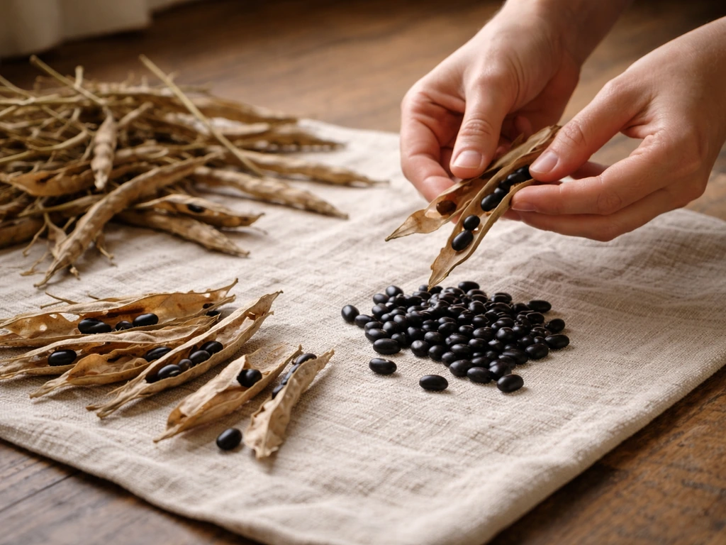 Dried black bean pods being threshed over a cloth with hard beans visible