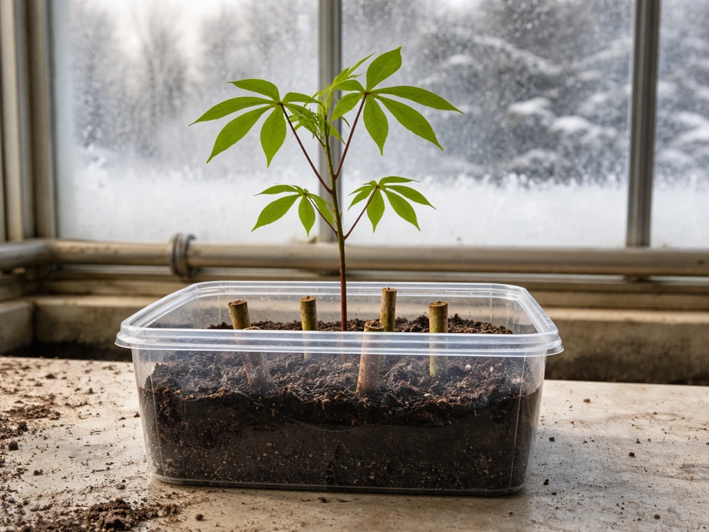Young cassava plant in a greenhouse container beside a frosty window showing chilly Canadian weather.