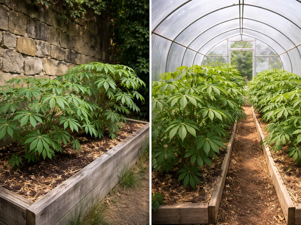 Side-by-side: outdoor cassava bed by a heat-retaining wall vs cassava thriving in a greenhouse/polytunnel.
