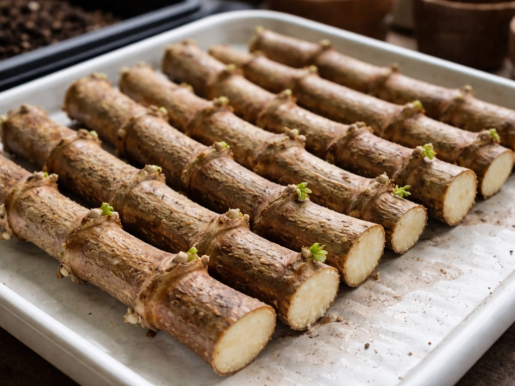 Cassava stem cuttings with visible nodes laid ready for indoor planting