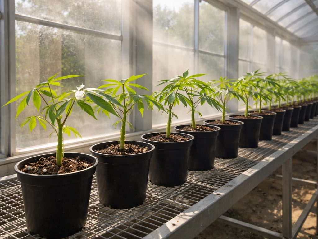 Cassava seedlings on a bright greenhouse bench under strong natural light