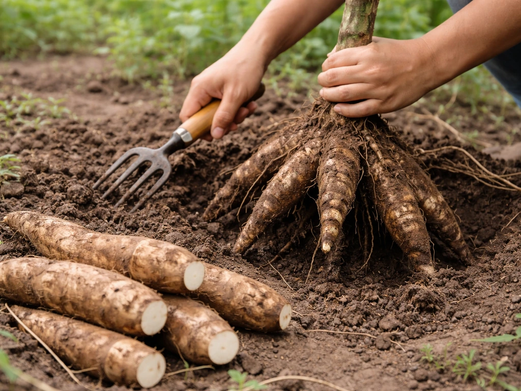 Hands loosen soil at cassava base and freshly harvested roots sit in earth for storing.