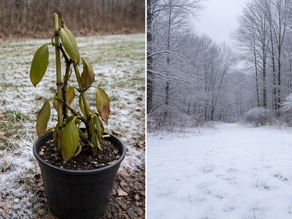 Vanilla vine drooping beside a snowy winter landscape suggesting cold failure in Ohio